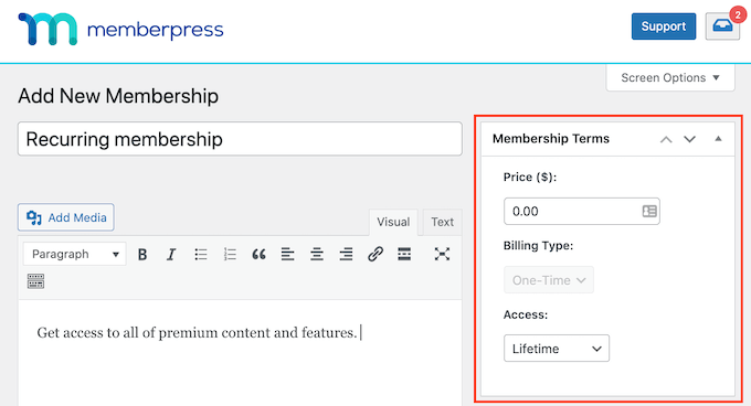 Editing the MemberPress membership terms