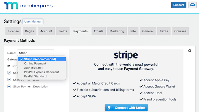 Adding the Stripe payment gateway to MemberPress