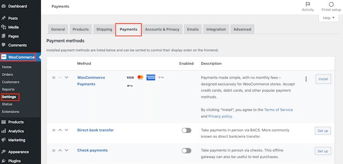 The WooCommerce payment settings