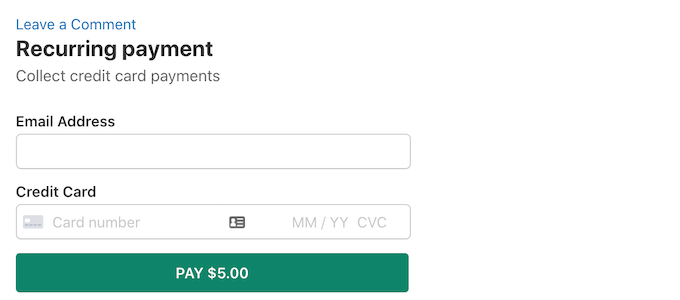 A recurring payment form, created using WP Simple Pay